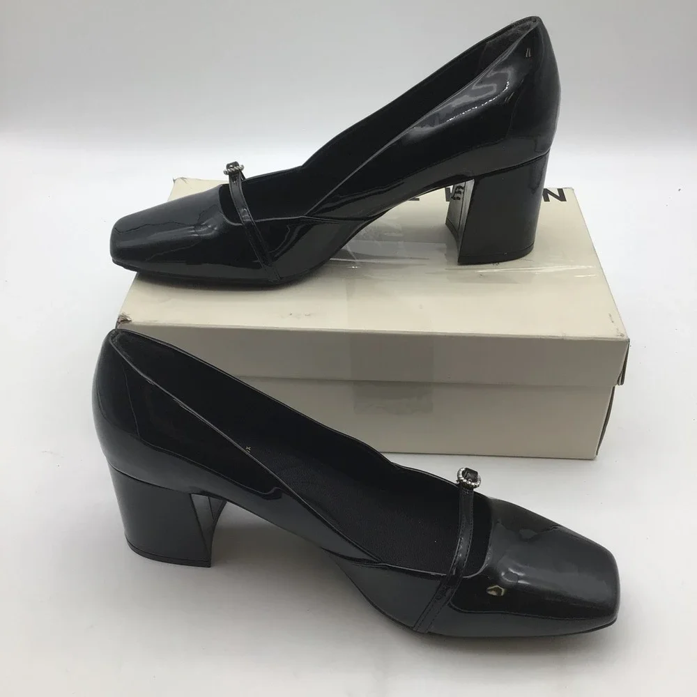 Anne Klein Black Square Toe AKLAURAL Block‎ Heel Mary Jane Pumps Women Size 11
